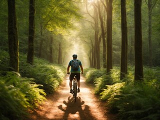 Fototapeta premium A serene scene captures the back view of a man cycling through a lush forest in the early morning light. The canopy of trees creates a natural tunnel.