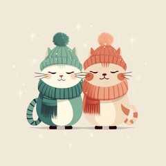 Cute kawaii cats in winter hats. Vector illustration.