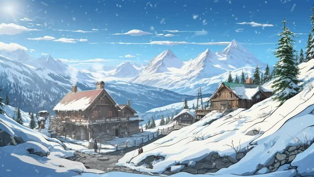 Winter scenery. abandoned village. Traditional house. wooden hut in the snow high mountains in winter. cartoon or anime illustration video style.