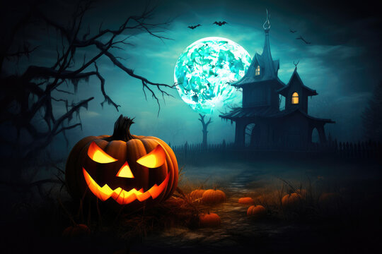 Creepy Mansion with Full Moon on Halloween