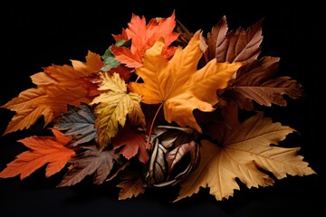 pile of autumn leaves isolated on black background