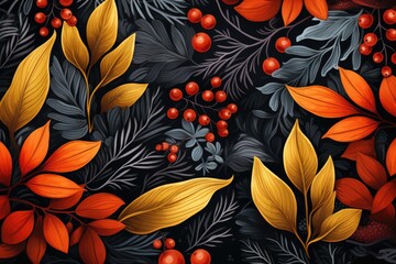 red and orange autumn leaves with rowanberry on a black background
