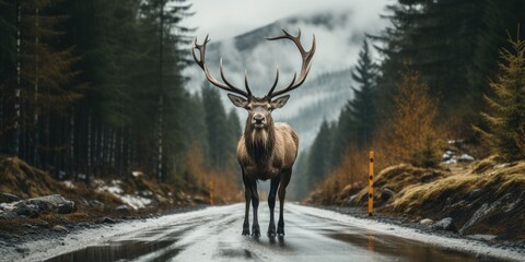 Conservation of wild animals. Elk crossing the road. Generative AI