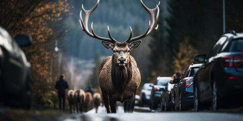 An elk crosses a road or highway. Concept of driving carefully, protecting wild animals