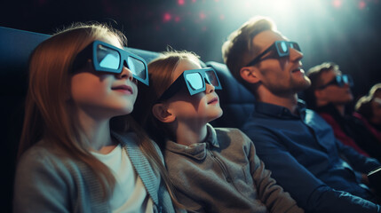 Surprised kid watching movie in cinema theater - obrazy, fototapety, plakaty