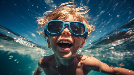 Fototapeta premium A child in sunglasses swims in the sea. Generative AI.