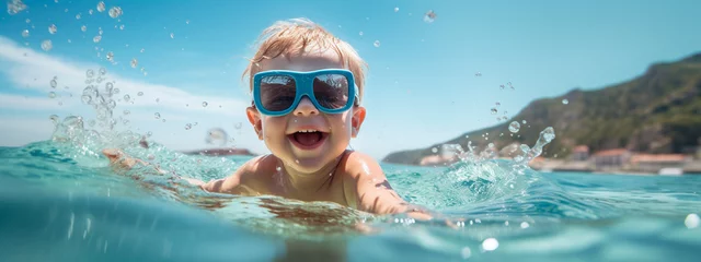 Fotobehang A child in sunglasses swims in the sea. Generative AI. © Erik