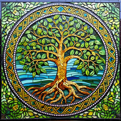 Celtic tree of life mosaic. AI generated.