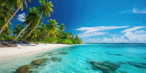 Horizontal image of tropical island with palm trees and white sand. Generative AI - obrazy, fototapety, plakaty