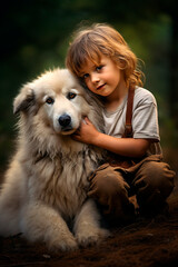 Naklejka na ściany i meble child with dog friendship and love. Generative AI.