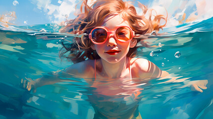 A child in sunglasses swims in the sea. Generative AI. - obrazy, fototapety, plakaty