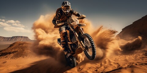 Extreme motorcycle riding. Racer in the sandy desert. Generative AI