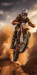 Vertical shot of a racer on a motorcycle in the sandy desert. Generative AI - obrazy, fototapety, plakaty
