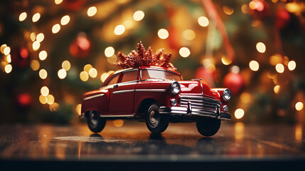 Christmas card. Retro car with a fir tree and gifts.