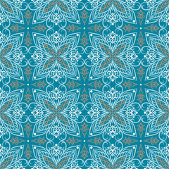 Gold and turquoise seamless pattern. Ornament, Traditional, Ethnic, Arabic, Turkish, Indian motifs. Background for fabric, textile, wallpaper, packaging design, decoration.