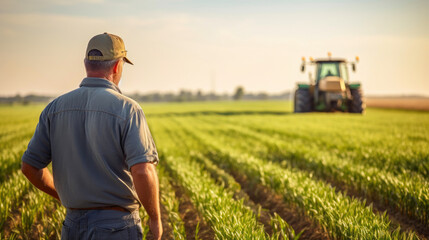 Naklejka na ściany i meble Farm Life: Man in Wheat Field with Tractor