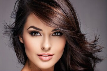 Fototapeta premium Beautiful woman with espresso hairs fly up from the wind. Pretty woman with make up and clean skin and long curly shiny hair. Close-up portrait on gray background