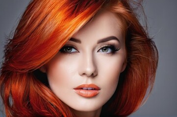 Beautiful woman with orange red hair fly up from the wind. Pretty woman with make up and clean skin and long curly shiny red ginger hair. Close-up portrait on gray background