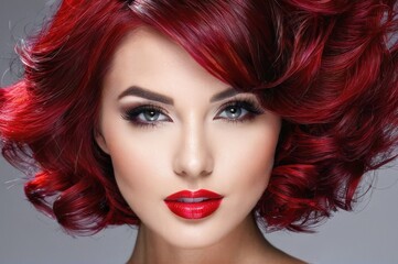 Fototapeta premium Beautiful woman with ruby hairs fly up from the wind. Pretty woman with make up, clean skin and long curly shiny red ginger hair. Close-up portrait on gray background
