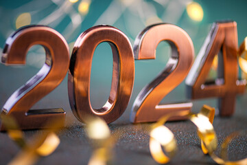Happy new year 2024 background new year holidays card with shiny lights, festive decorations. 2024...