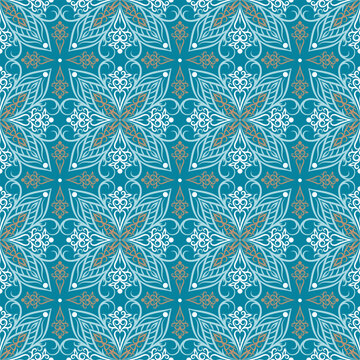 Gold and turquoise seamless pattern. Ornament, Traditional, Ethnic, Arabic, Turkish, Indian motifs. Background for fabric, textile, wallpaper, packaging design, decoration.