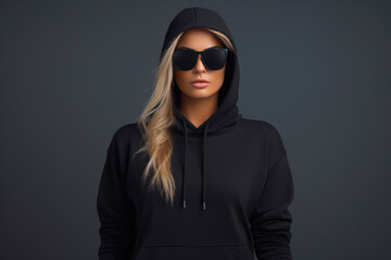 Sleek Sunglasses and Black Hoodie on a Glamorous Model