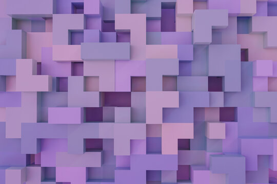 Colorful abstract geometric 3d background with different elements and purple with lilac colors. Abstract shapes from tetris game. 3d rendering illustration..