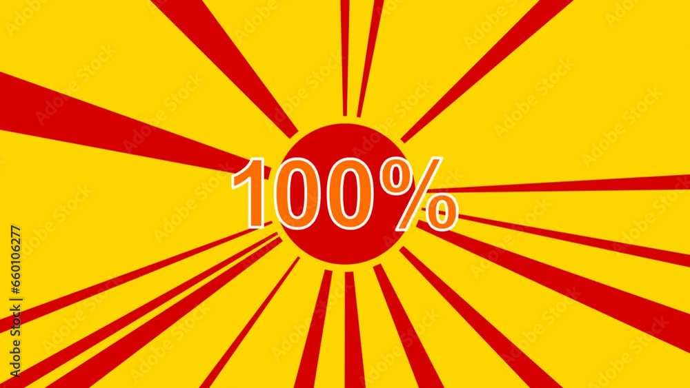 Poster 100 percent symbol on the background of animation from moving rays of the sun. large orange symbol i