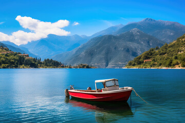 Fototapeta na wymiar Tranquil Waters: Boat Amidst Majestic Mountains