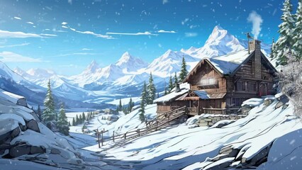 Winter scenery. abandoned village. Traditional house. wooden hut in the snow high mountains in winter. cartoon or anime illustration video style.