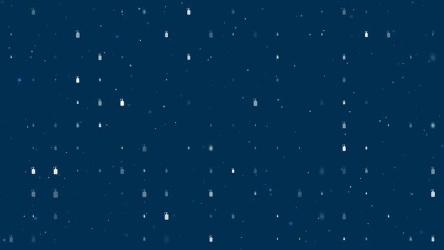 Template animation of evenly spaced liquid soap symbols of different sizes and opacity. Animation of transparency and size. Seamless looped 4k animation on dark blue background with stars