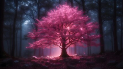 Glowing Pink Tree in Mysterious Forest