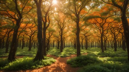 Fototapeta na wymiar Sunlit Forest with Orange Leaves