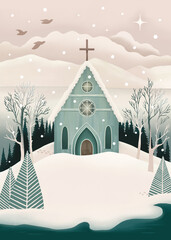 Woodland snow nature landscape illustration for religious Christmas holiday greeting card or postcard. Nordic fairy tale winter forest with tree, pine, wooden church and copy space in pink green blush - 660107092