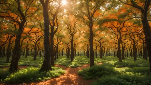 Sunlit Forest with Orange Leaves