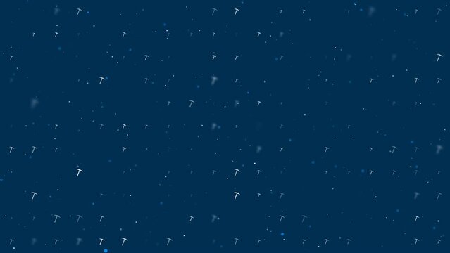 Template animation of evenly spaced pickaxe symbols of different sizes and opacity. Animation of transparency and size. Seamless looped 4k animation on dark blue background with stars
