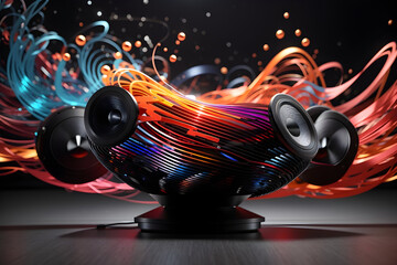 Experience the pulsating energy of abstract music as it reverberates through the black speakers, creating mesmerizing waves of sound and color.
