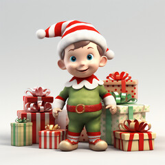 Cute adorable happy santa claus elf baby character smiling with the Christmas gifts and treats. Generative AI