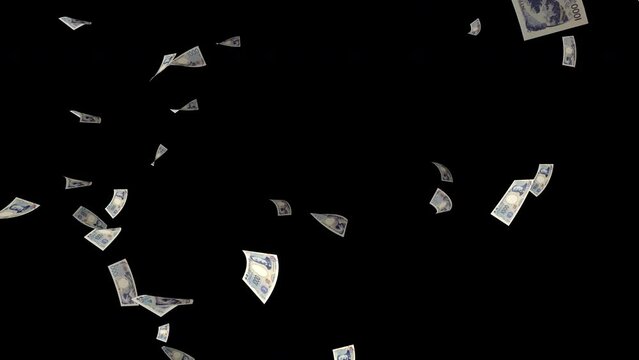 Japanese Yen banknotes falling down. 3D render. Alpha Channel. Vertical video