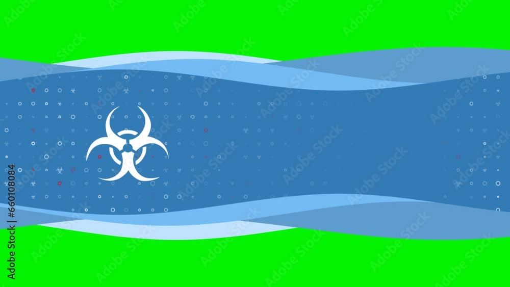 Poster animation of blue banner waves movement with white biohazard symbol on the left. on the background t