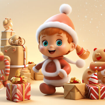 Cute adorable happy elf baby in ginger bread man costume character smiling with the Christmas gifts and treats. Generative AI