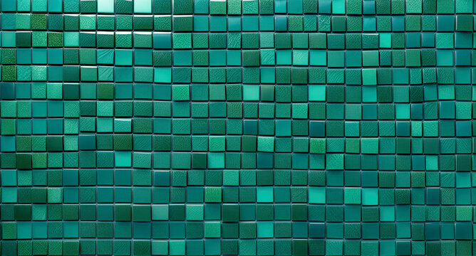 Green turquoise little ceramic square tiles mosaic background texture for interior design.Generative AI