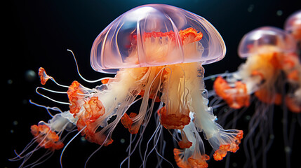 See life macro concept. beautiful space purple jellyfish on dark background in the sea. Vivid Wildlife elements. banner