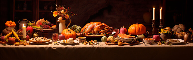 Festive Thanksgiving dinner with turkey on a dark background. Generative AI.