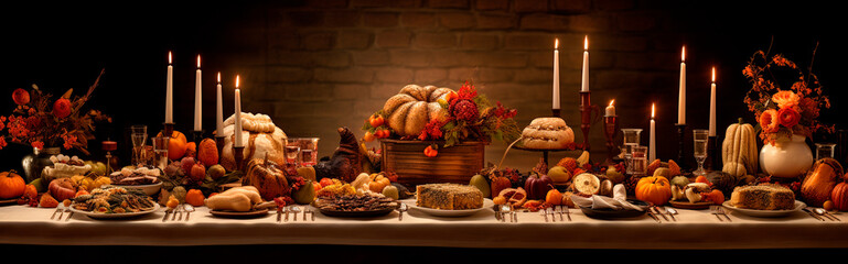 Festive Thanksgiving dinner with turkey on a dark background. Generative AI. - obrazy, fototapety, plakaty