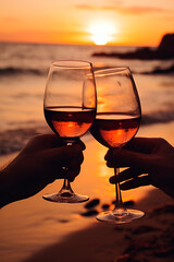 Lovers with glasses of wine on the beach. Generative AI.