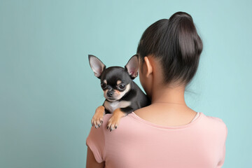 Back view of young woman holding Chihuahua lap dog in front of blue background.