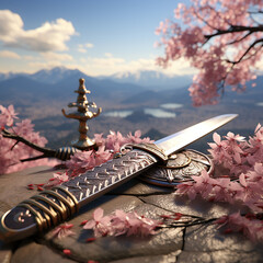 Samurai Sword in Japan global illumination cherry blossom tree created with Generative Ai