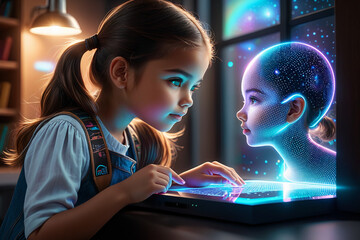 A young girl interacting with a holographic AI tutor - obrazy, fototapety, plakaty