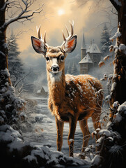 Cute deer Christmas winter village setting generatieve ai